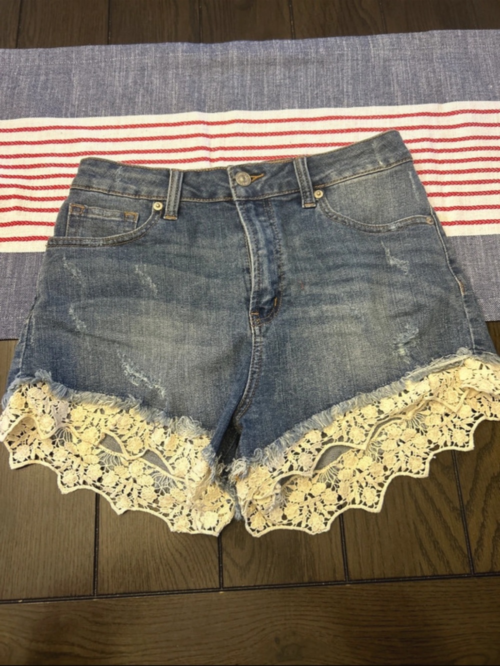 Just USA Blue Denim Shorts with Cream Crochet Trim